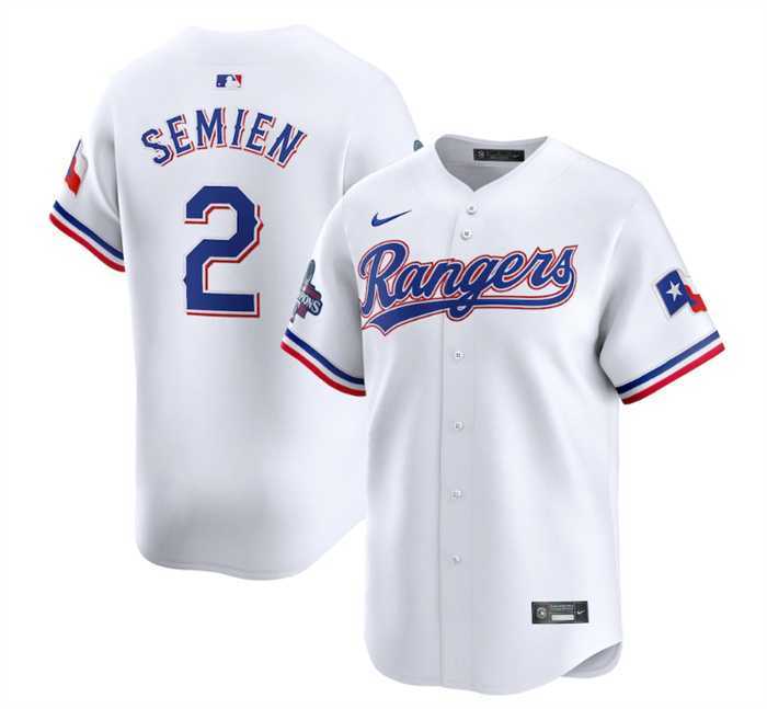 Mens Texas Rangers #2 Marcus Semien White 2023 World Series Champions Stitched Baseball Jersey Dzhi